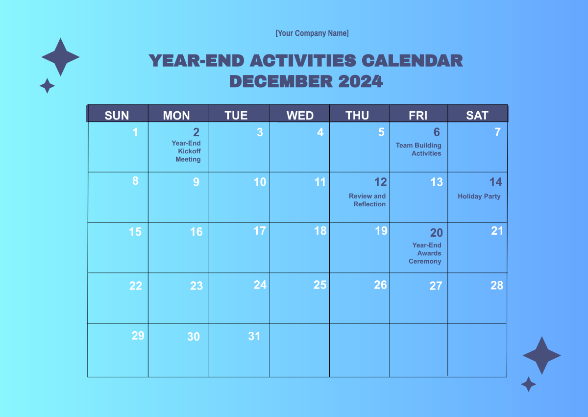 Year-End Activities Calendar Template