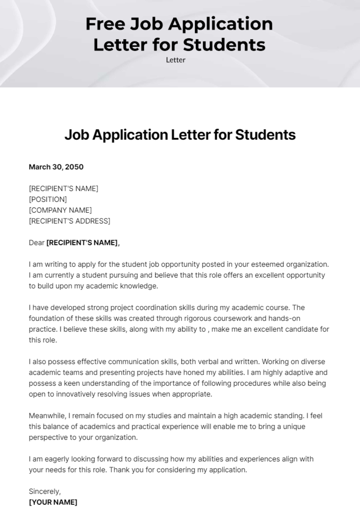Job Application Letter for Students Template