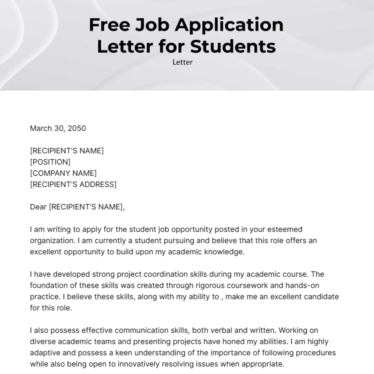 Job Application Letter for Students Template
