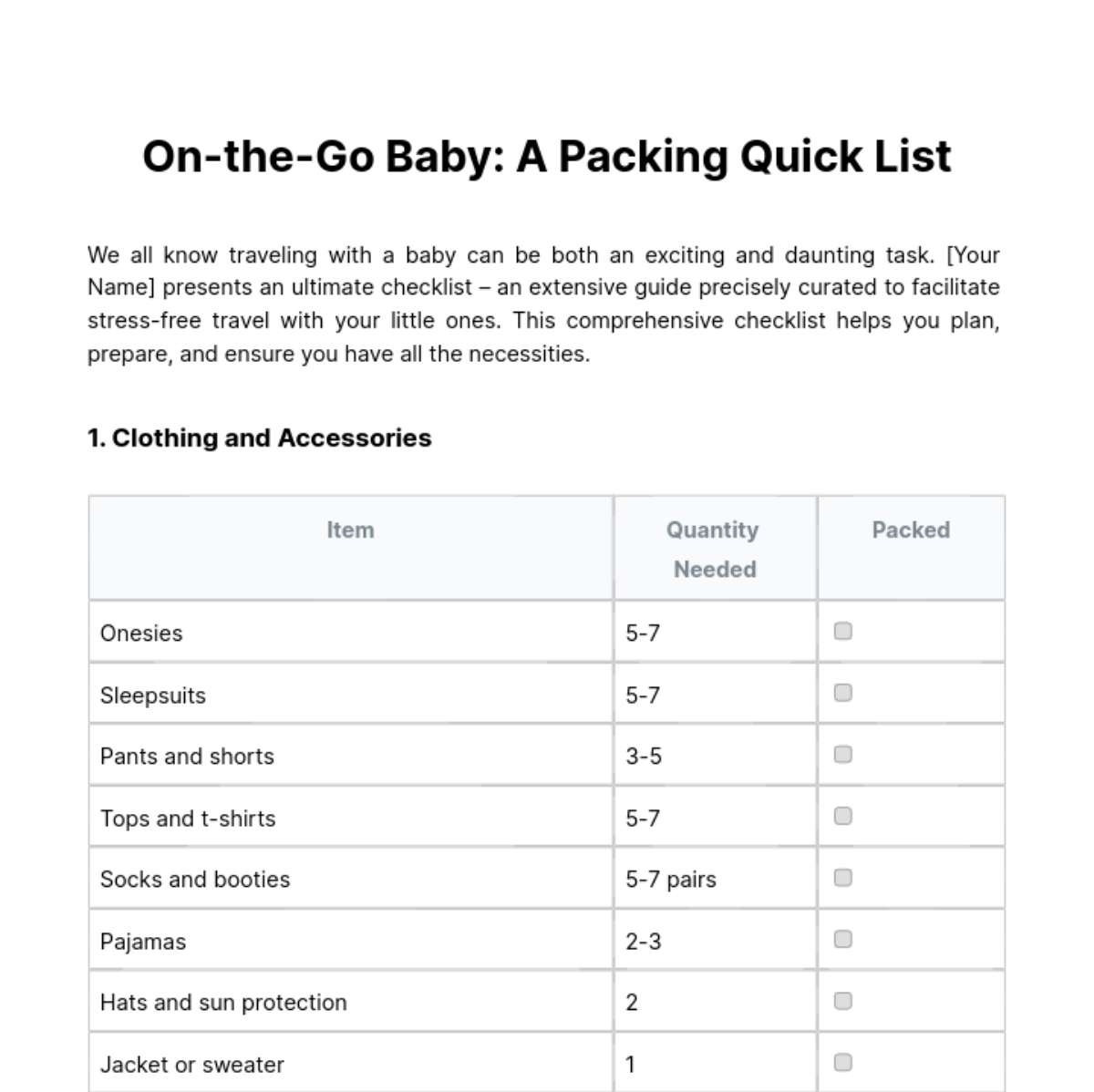 Baby Packing Checklist Template