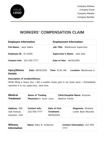 Free Workers' Compensation Claim HR Template to Edit Online