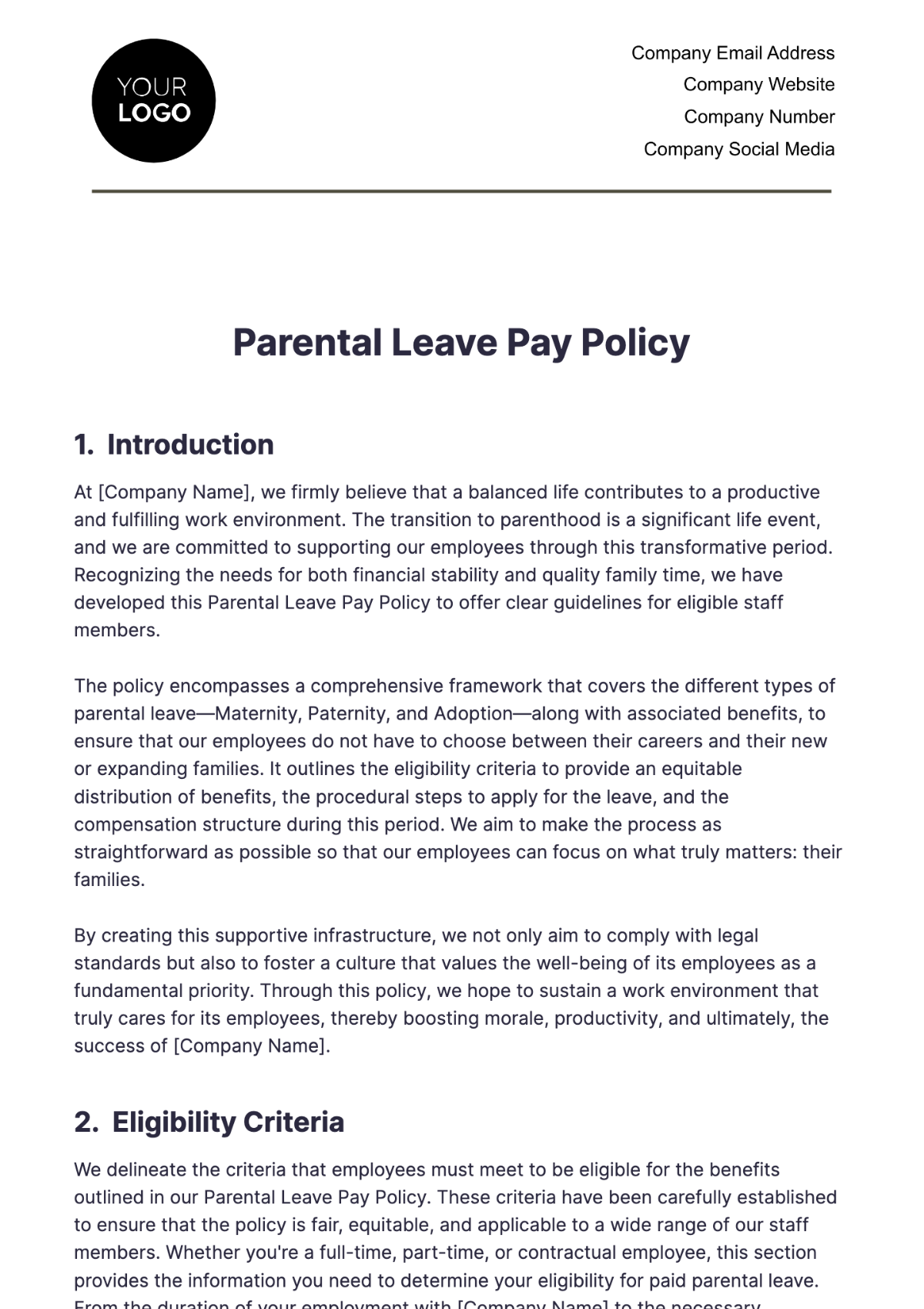 Parental Leave Pay Policy HR Template - Edit Online & Download