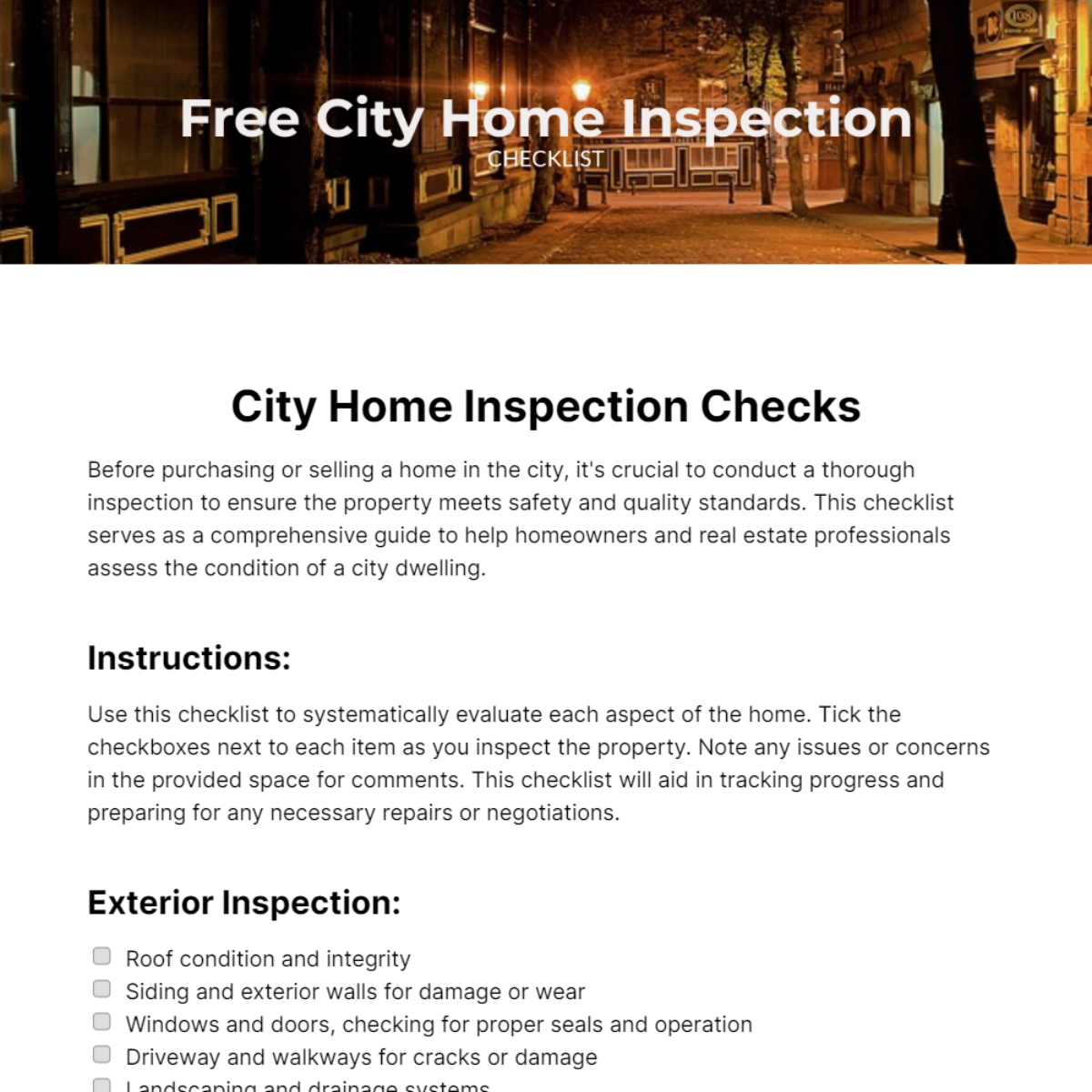 City Home Inspection Checklist Template