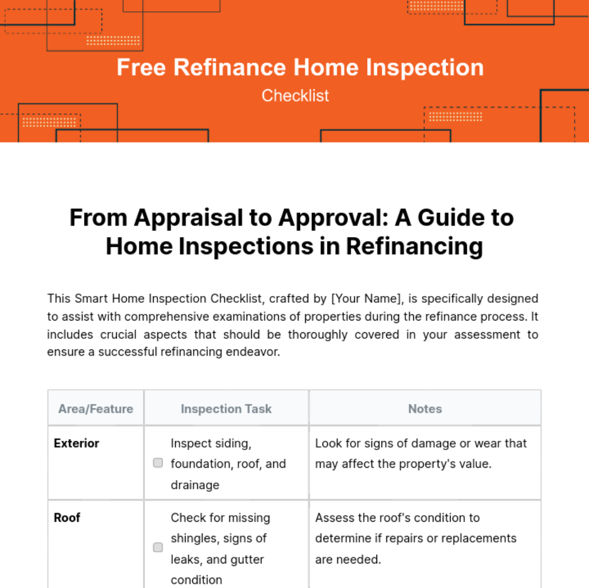 Refinance Home Inspection Checklist Template