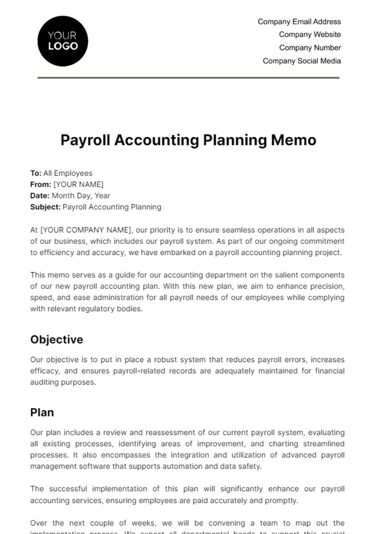 Free Payroll Accounting Planning Memo Template