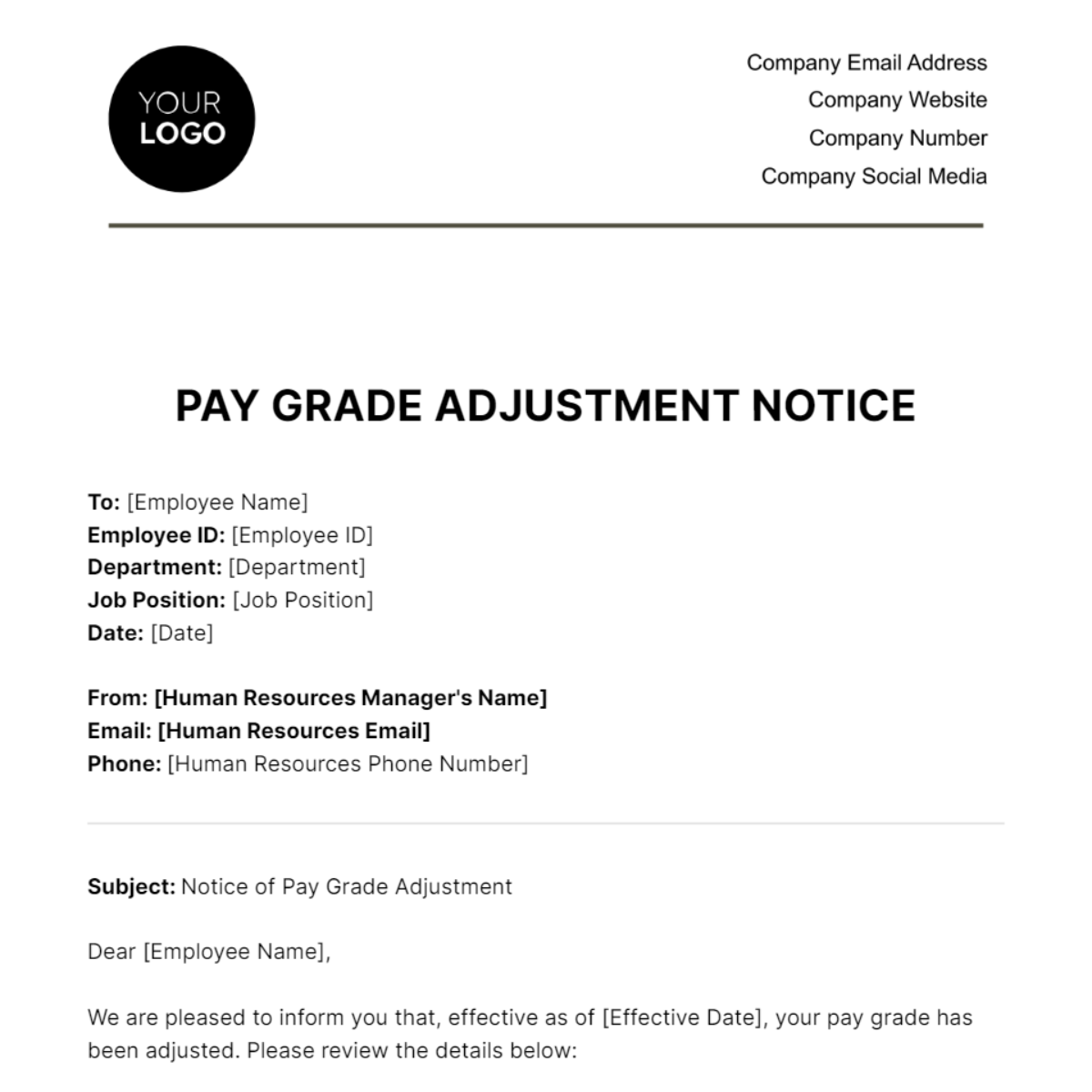 Pay Grade Adjustment Notice HR Template