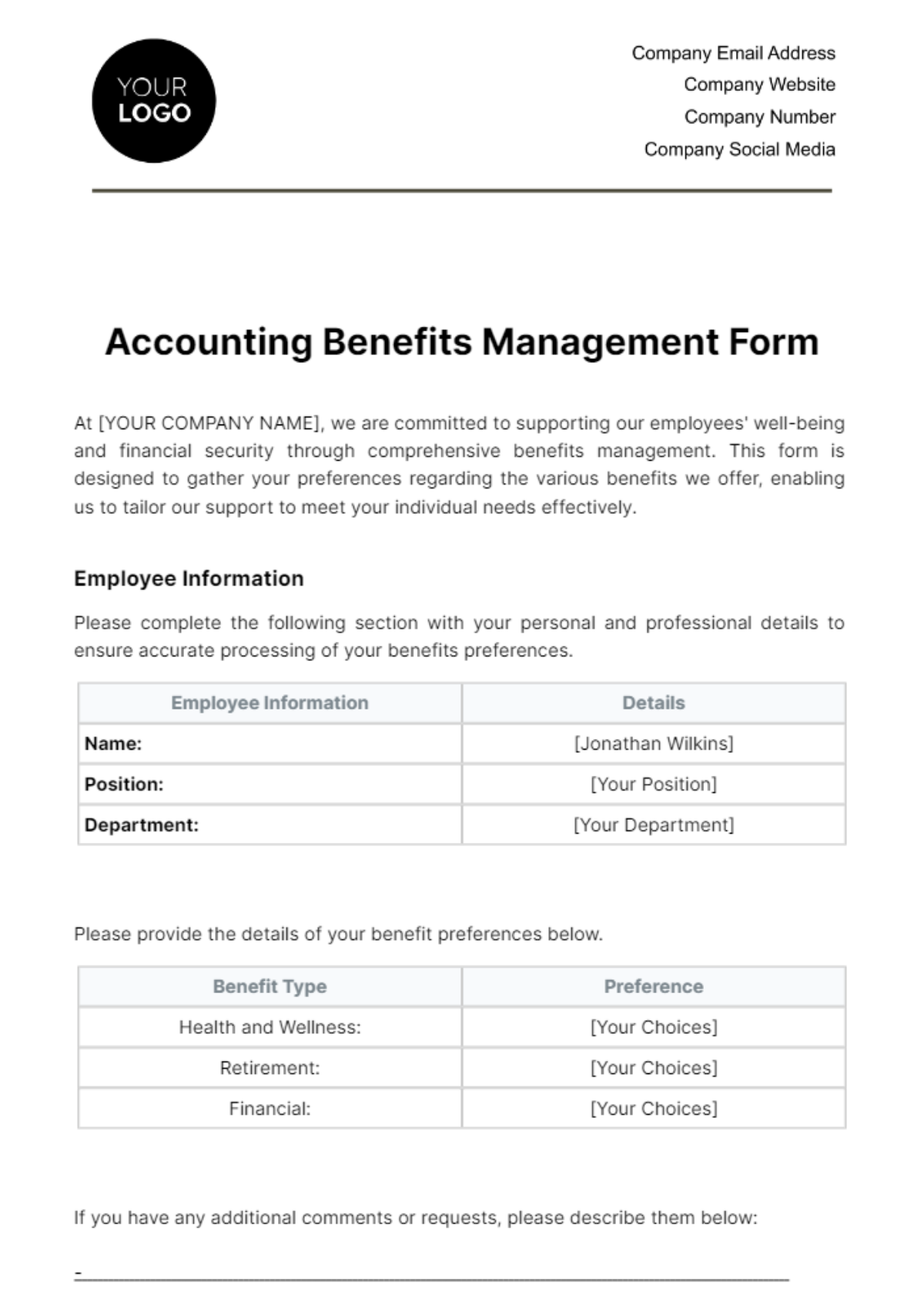 Free Accounting Benefits Management Form Template