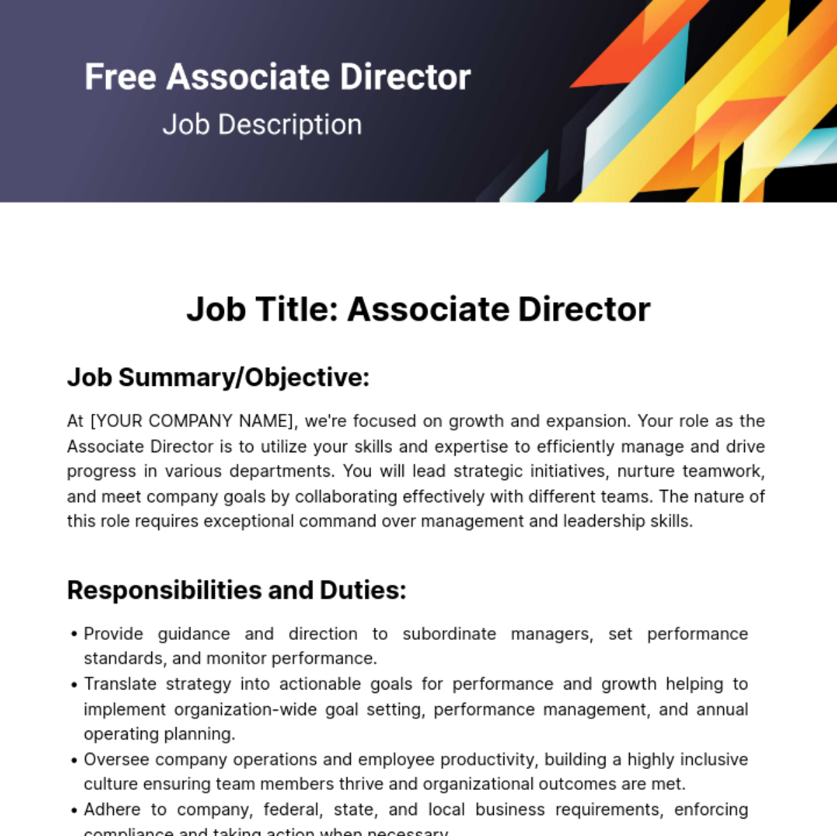 Associate Director Job Description Template - Edit Online & Download