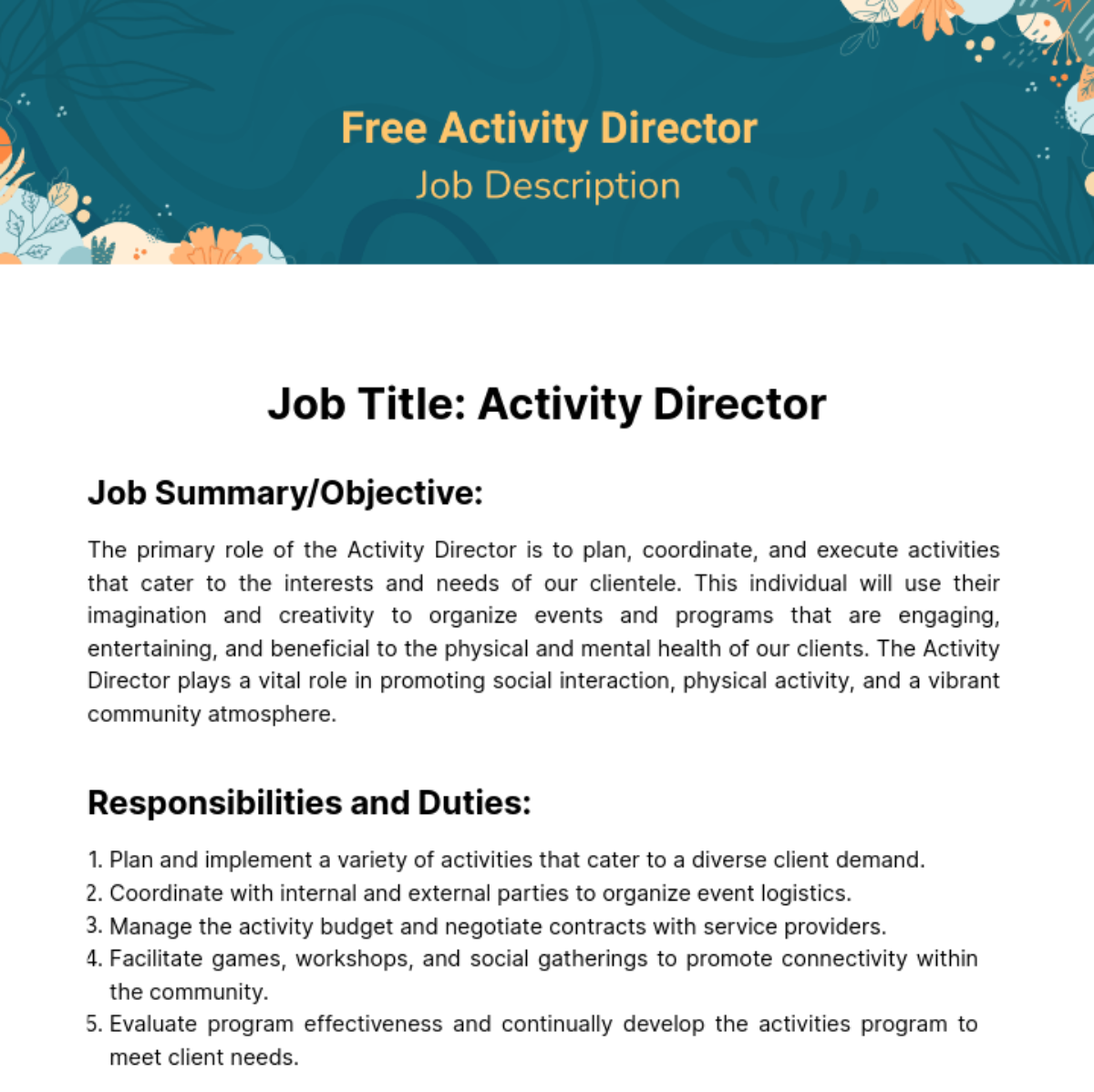 Activity Director Job Description Template