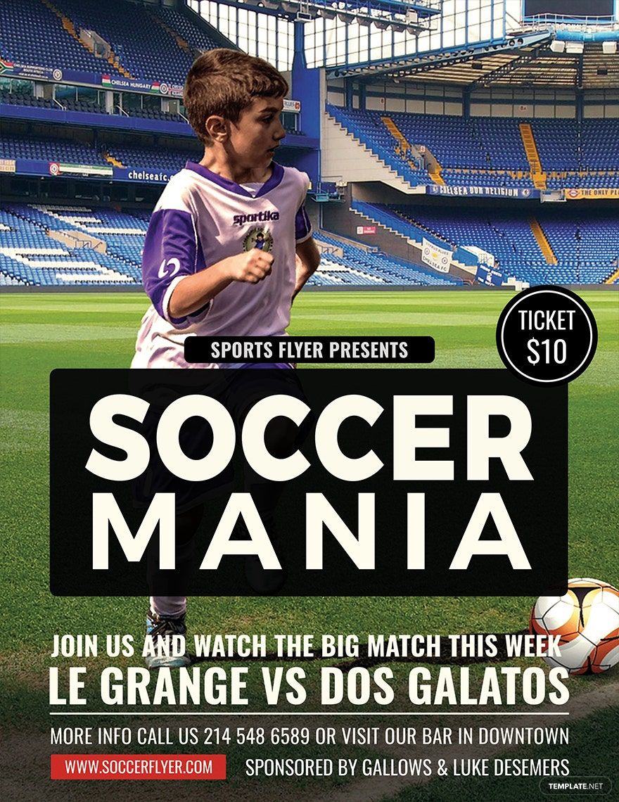 Soccer Mania Sports Flyer Template in Word, Google Docs, Illustrator, PSD, Apple Pages, Publisher