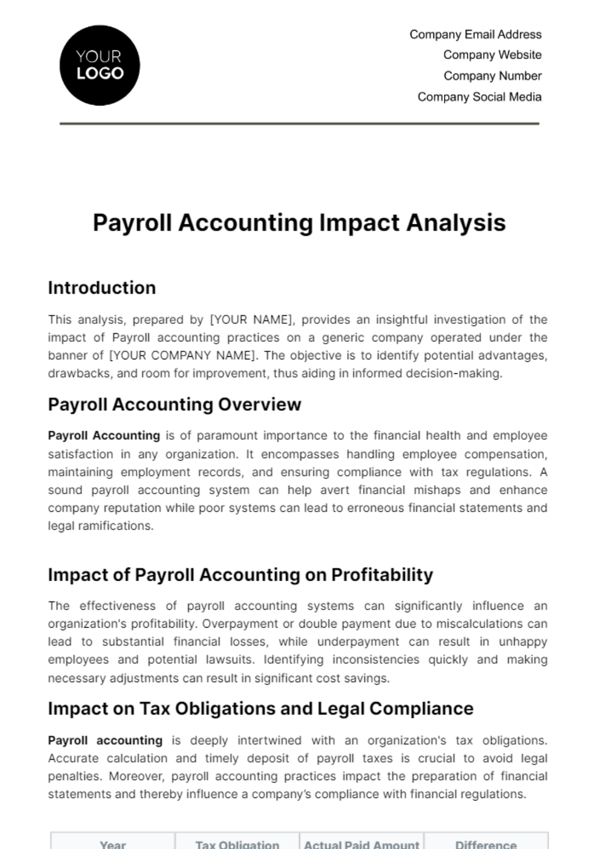 Payroll Accounting Impact Analysis Template - Edit Online & Download