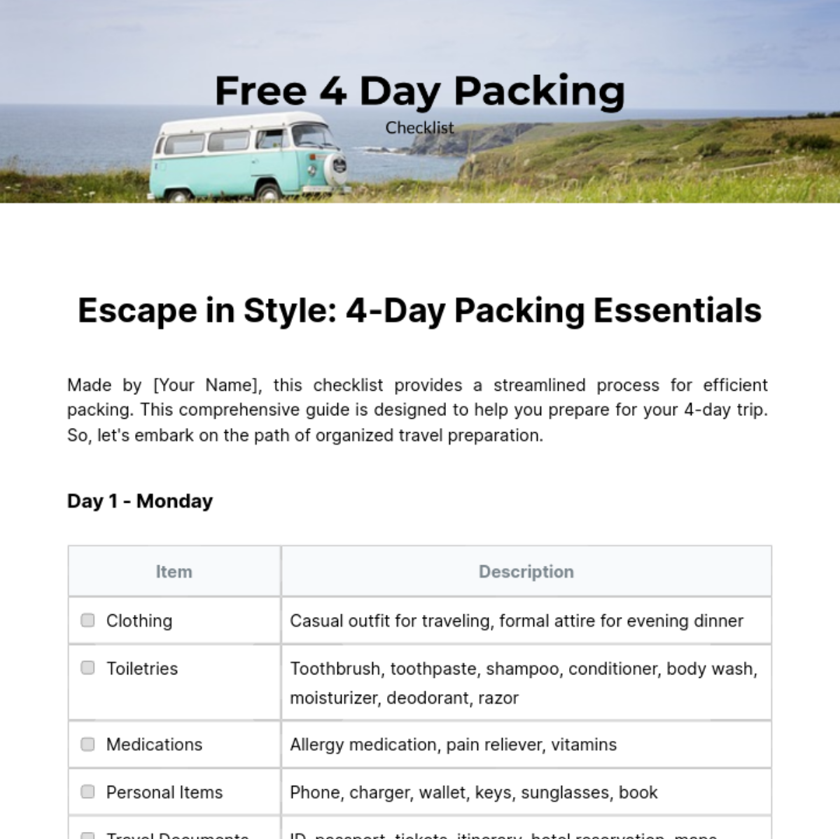 4 Day Packing Checklist Template