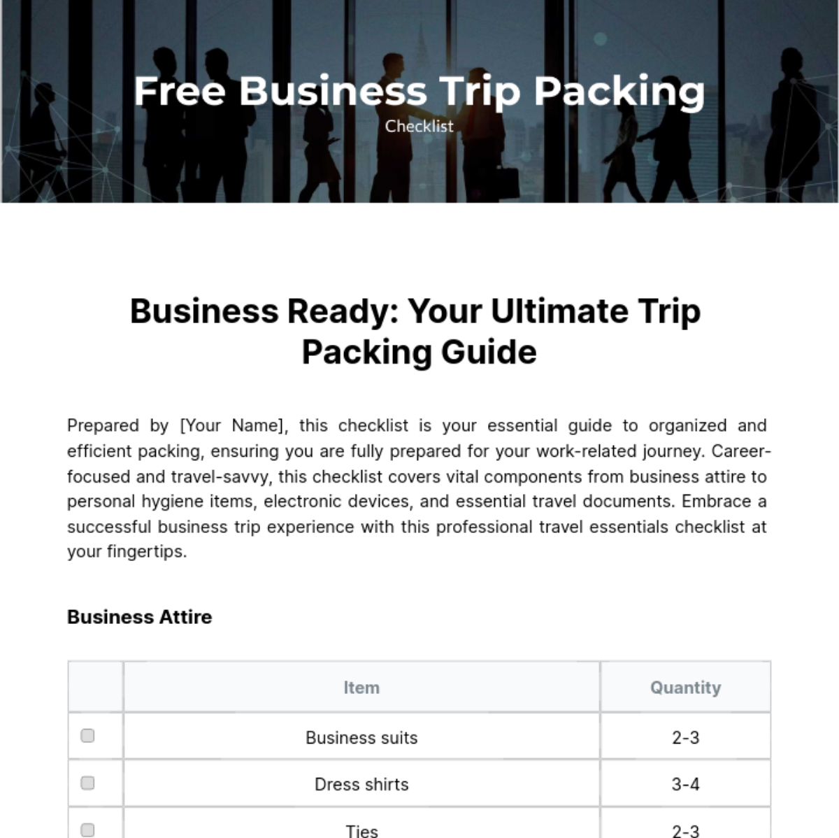 Business Trip Packing Checklist Template