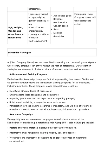 Free Workplace Harassment Prevention & Response Manual HR Template to Edit Online