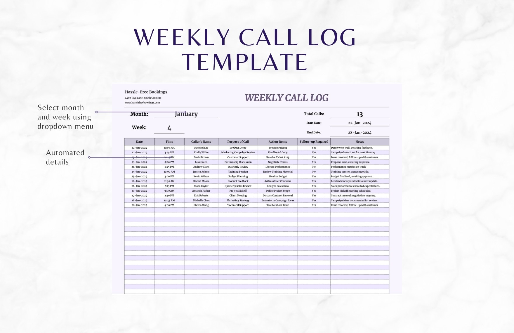 Weekly Call Log Template