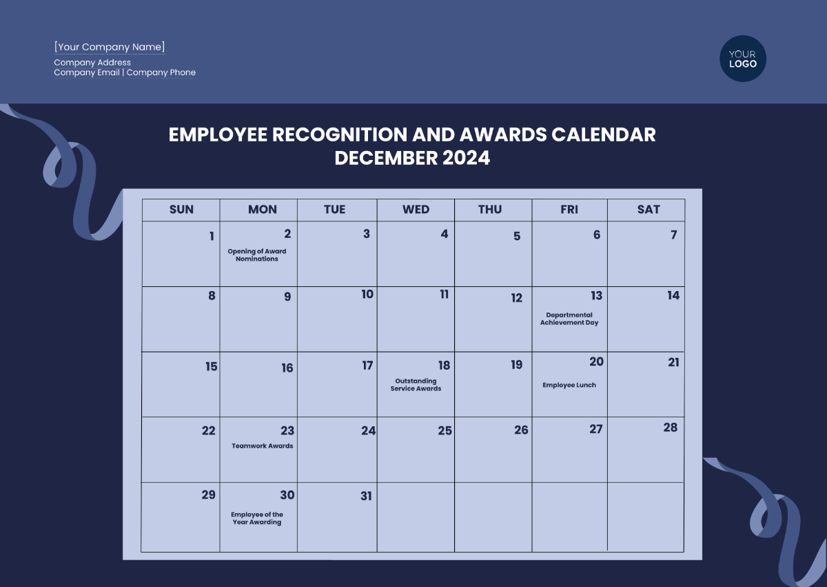 Employee Recognition and Awards Calendar Template