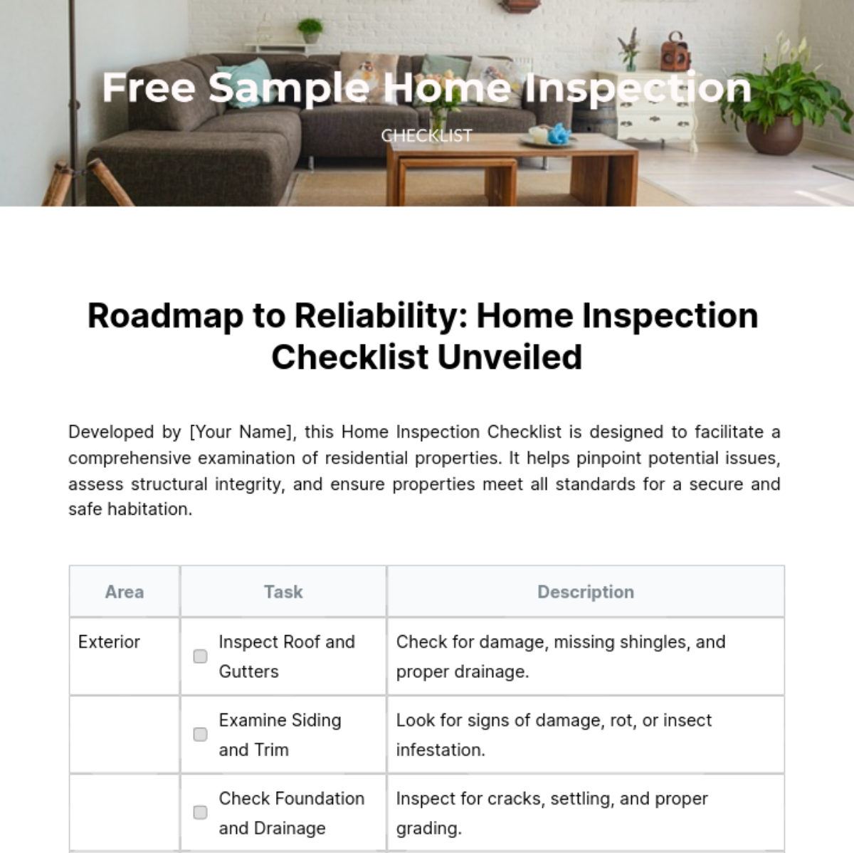 Free Sample Home Inspection Checklist Template