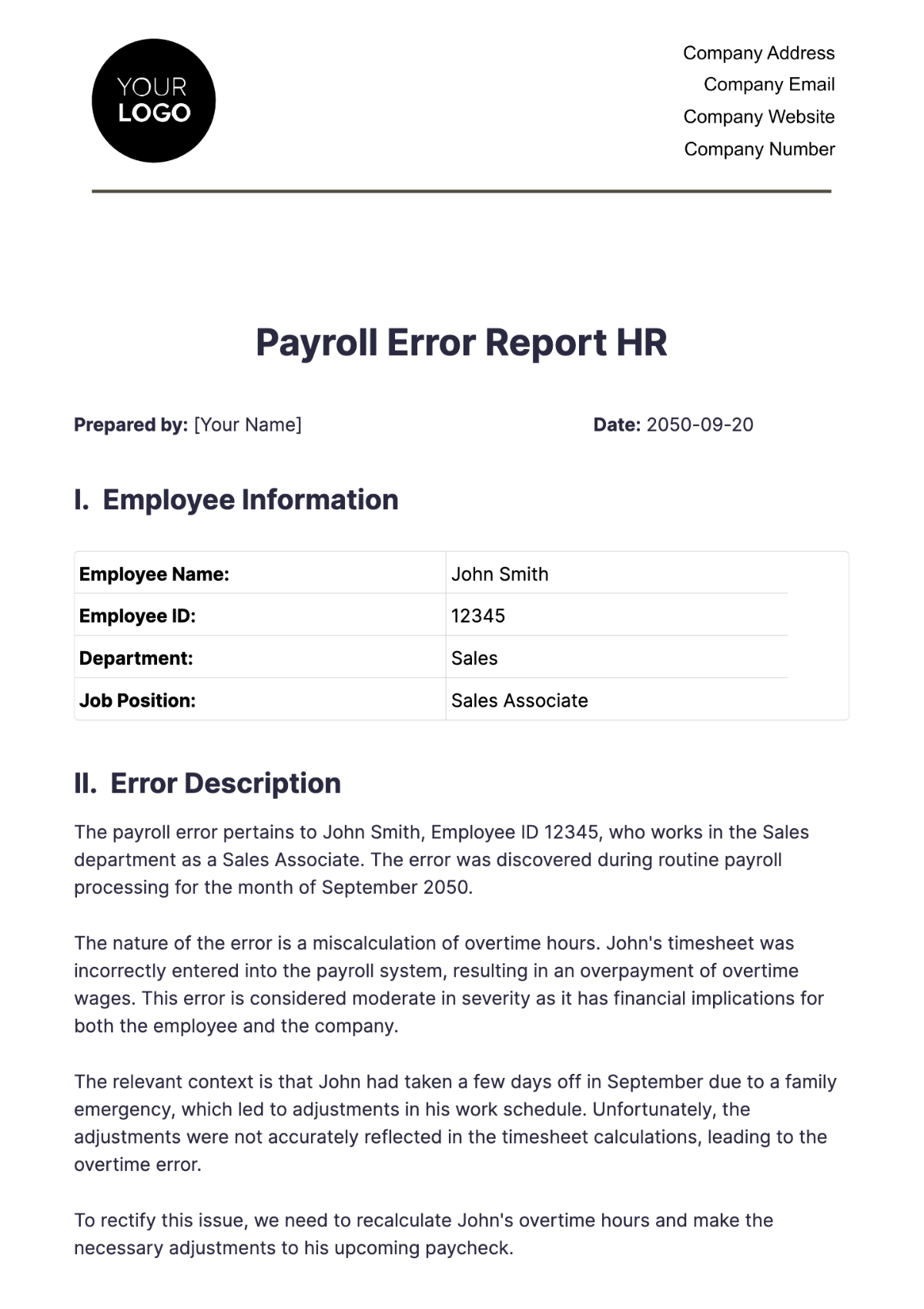 Payroll Error Report HR Template - Edit Online & Download