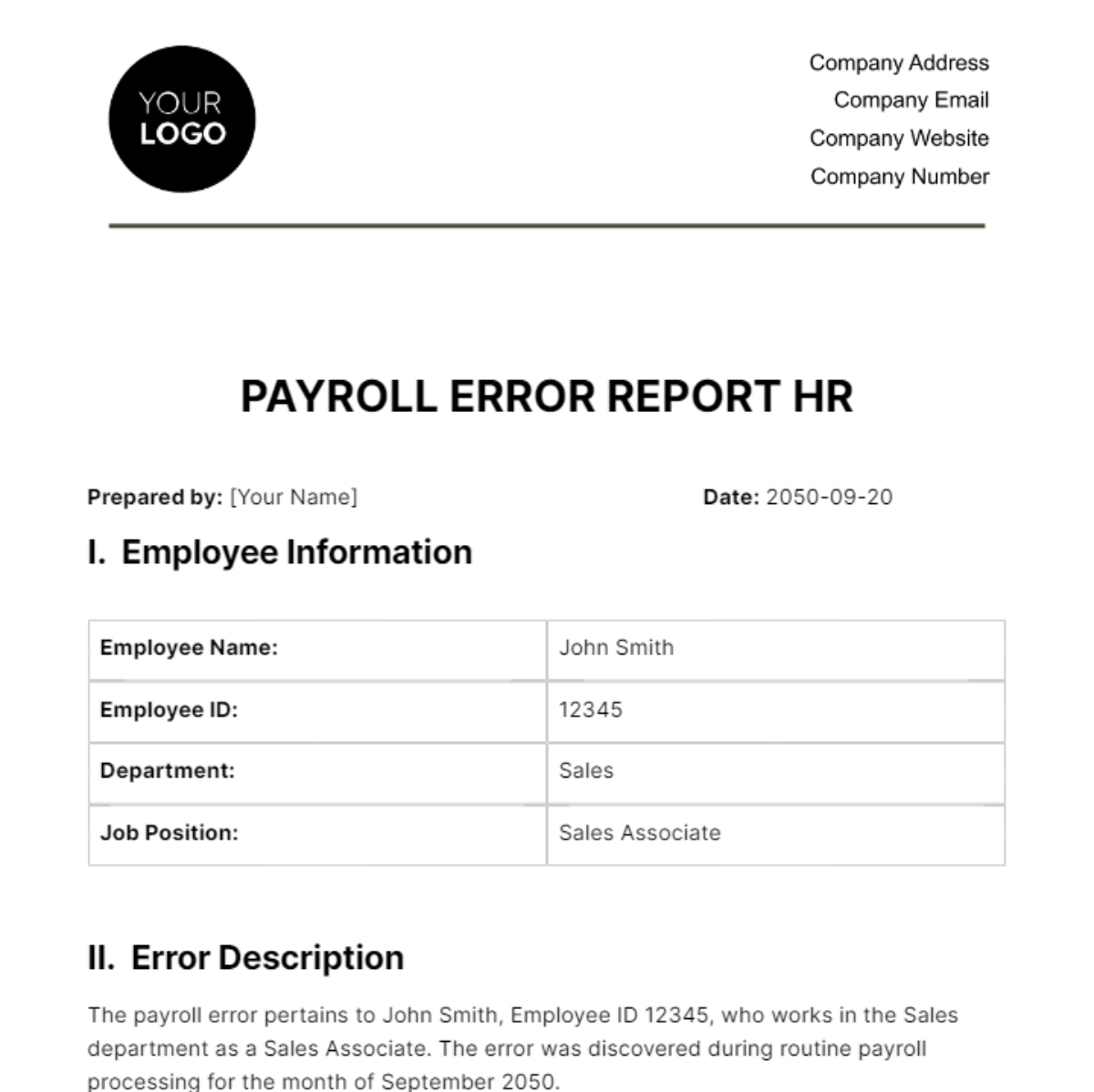 Payroll Error Report HR Template