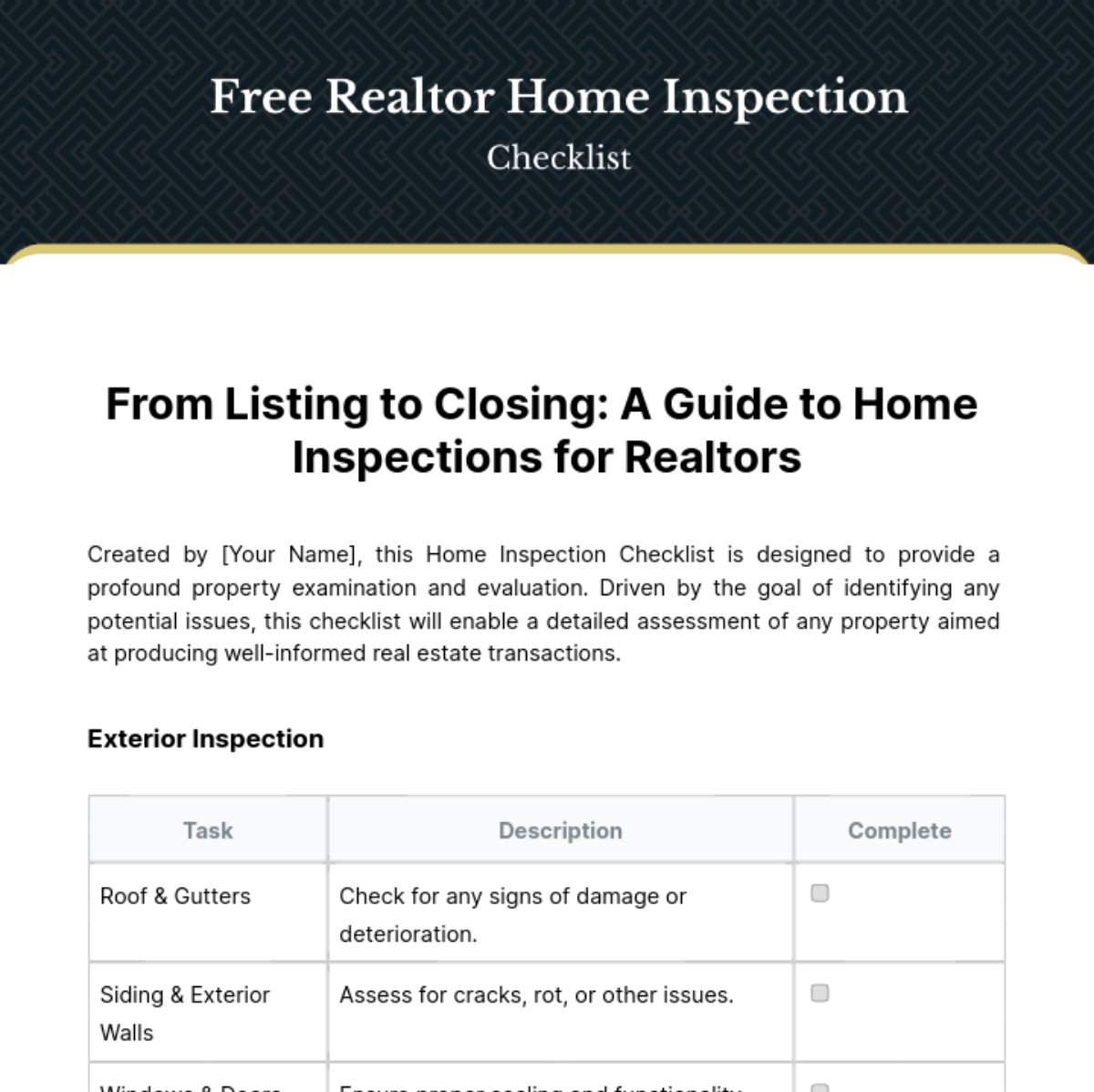 Free Realtor Home Inspection Checklist Template