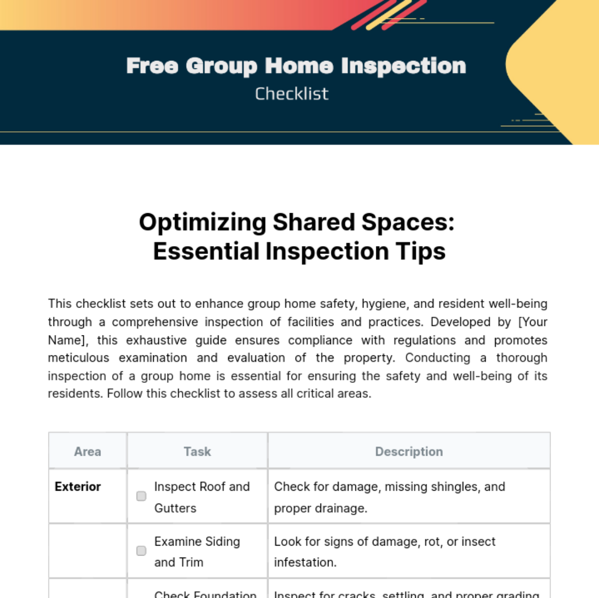 Group Home Inspection Checklist Template