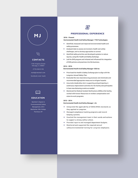 Environmental Health And Safety Manager Resume Template