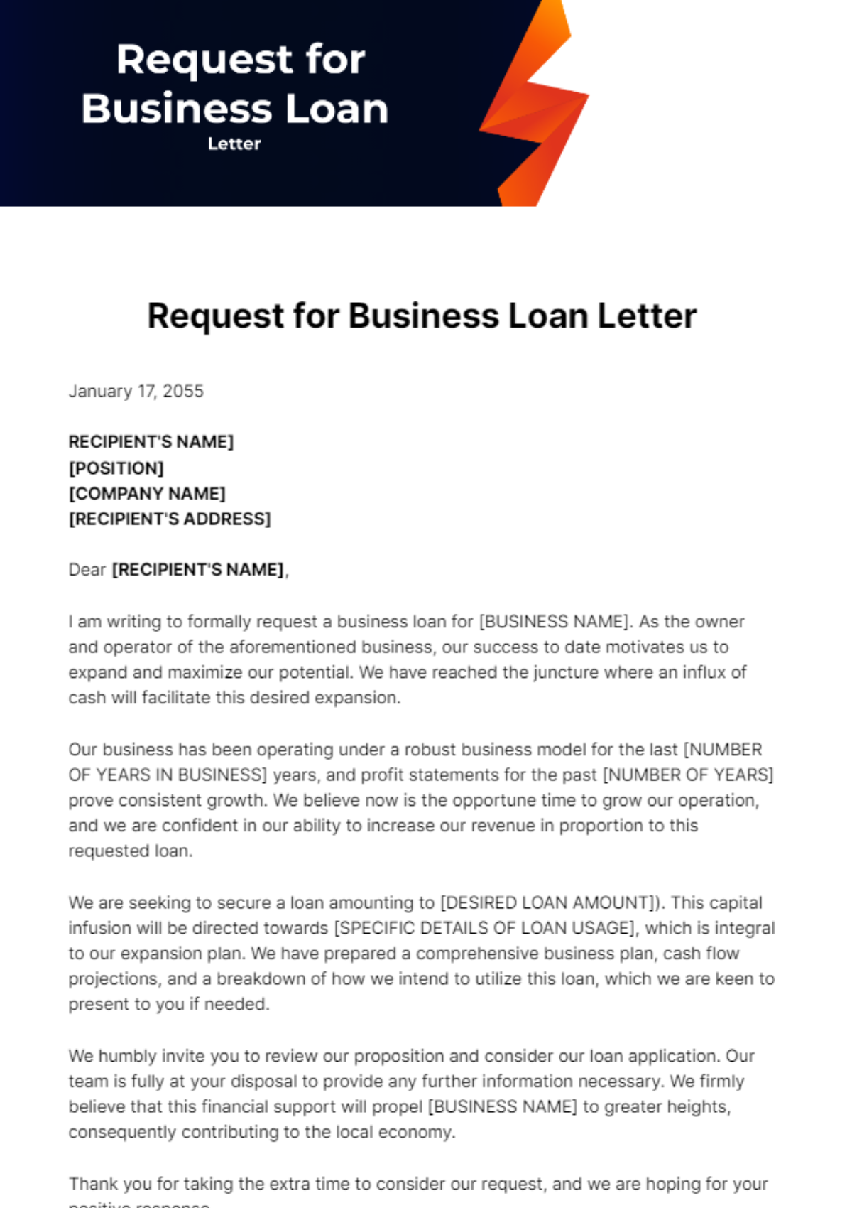 Free Request for Business Loan Letter Template
