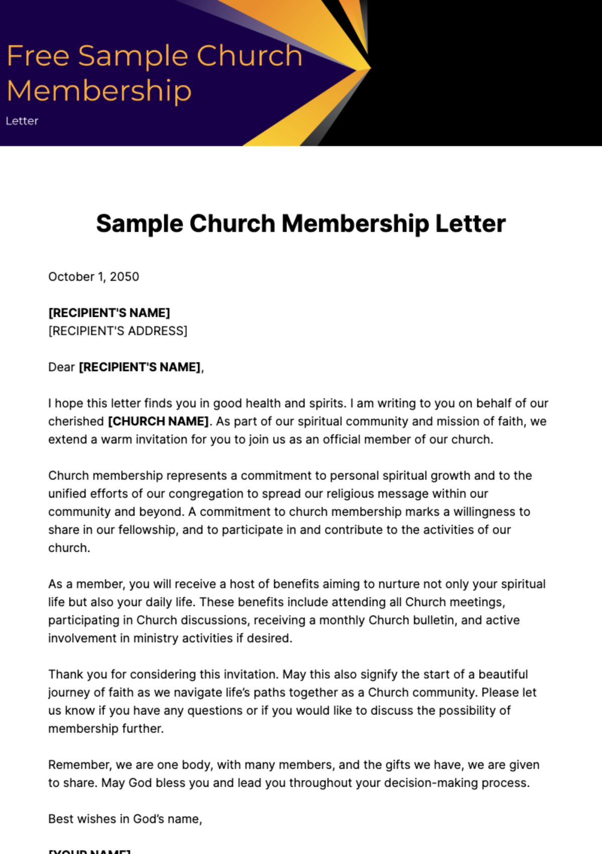 Free Sample Church Membership Letter Template