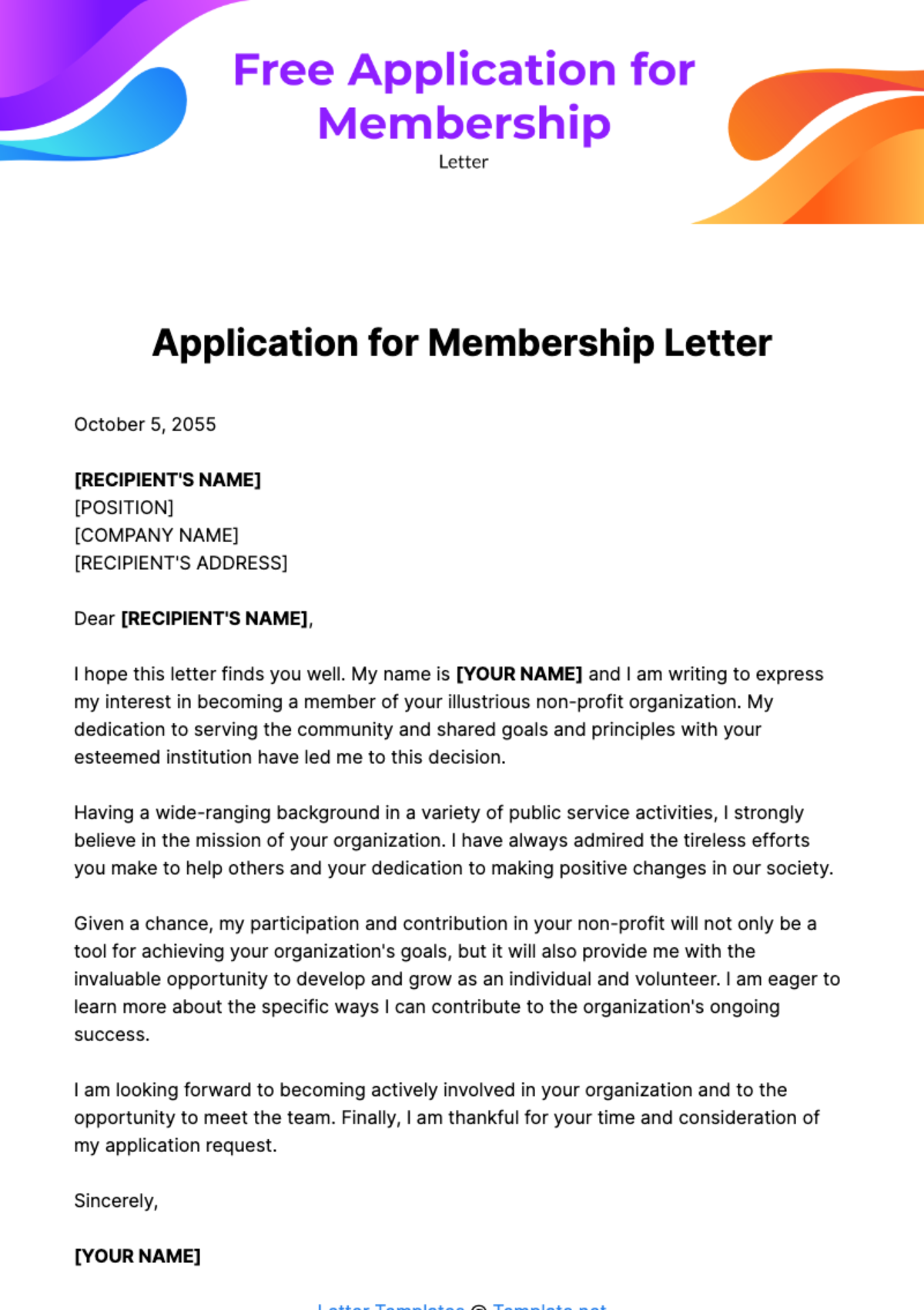 Free Application for Membership Letter Template