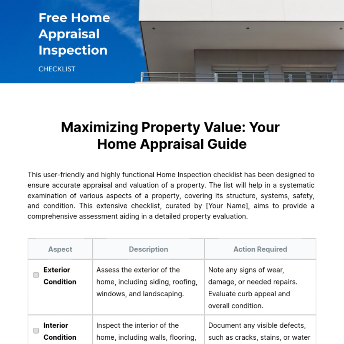 Home Appraisal Inspection Checklist Template