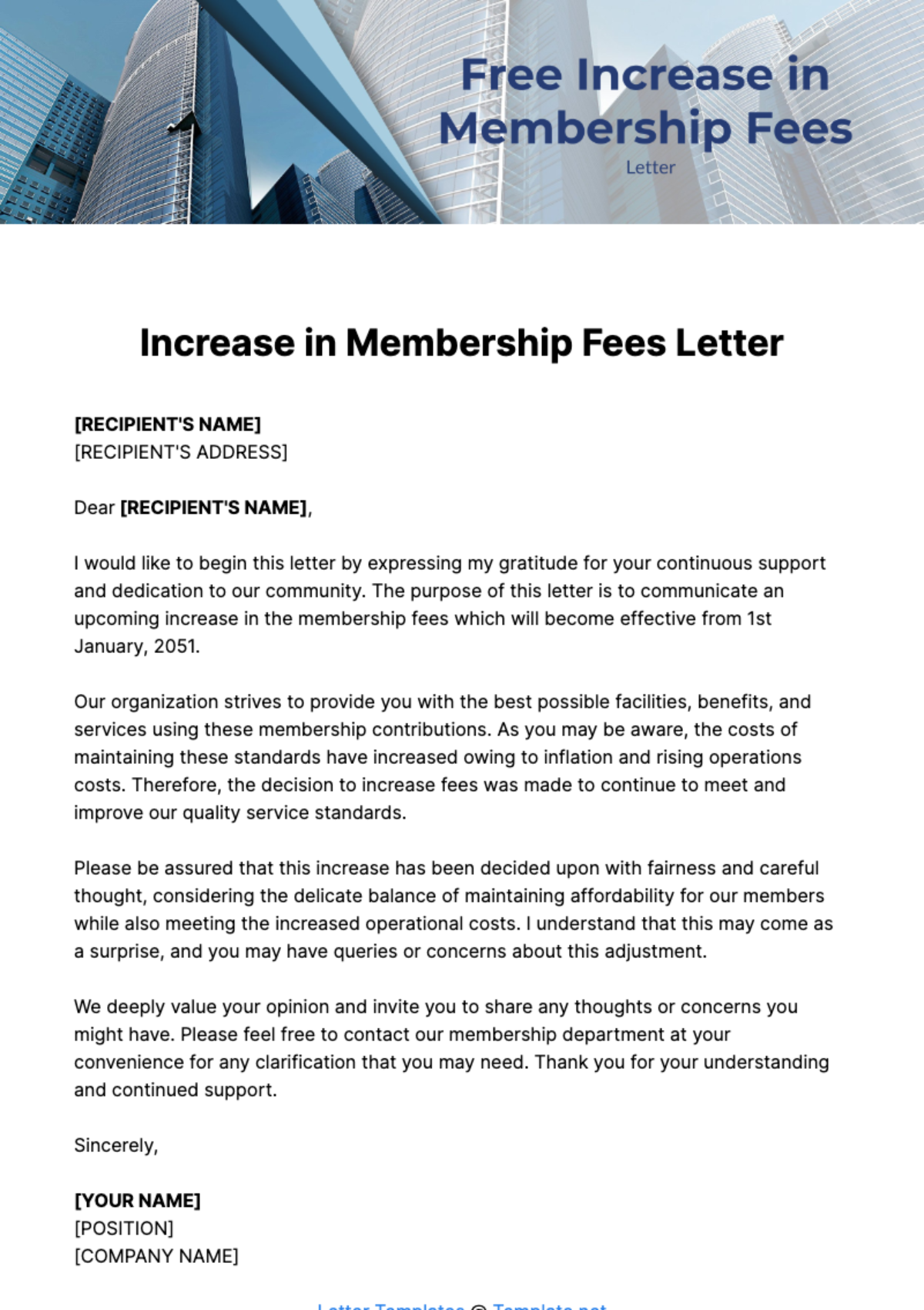 Free Increase in Membership Fees Letter Template