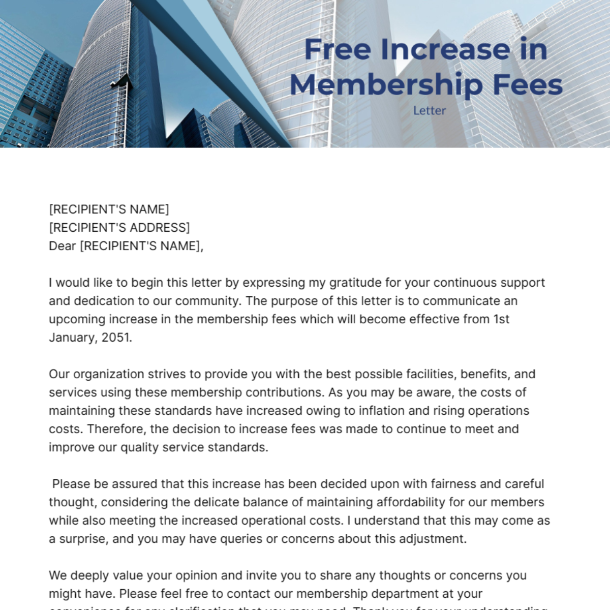 Increase in Membership Fees Letter Template