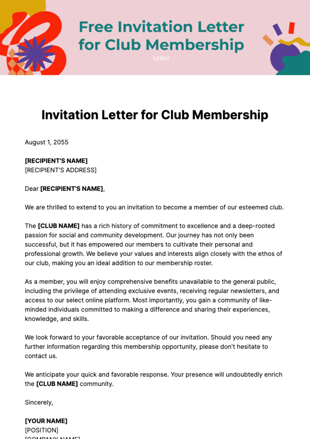 Free Invitation Letter for Club Membership Template
