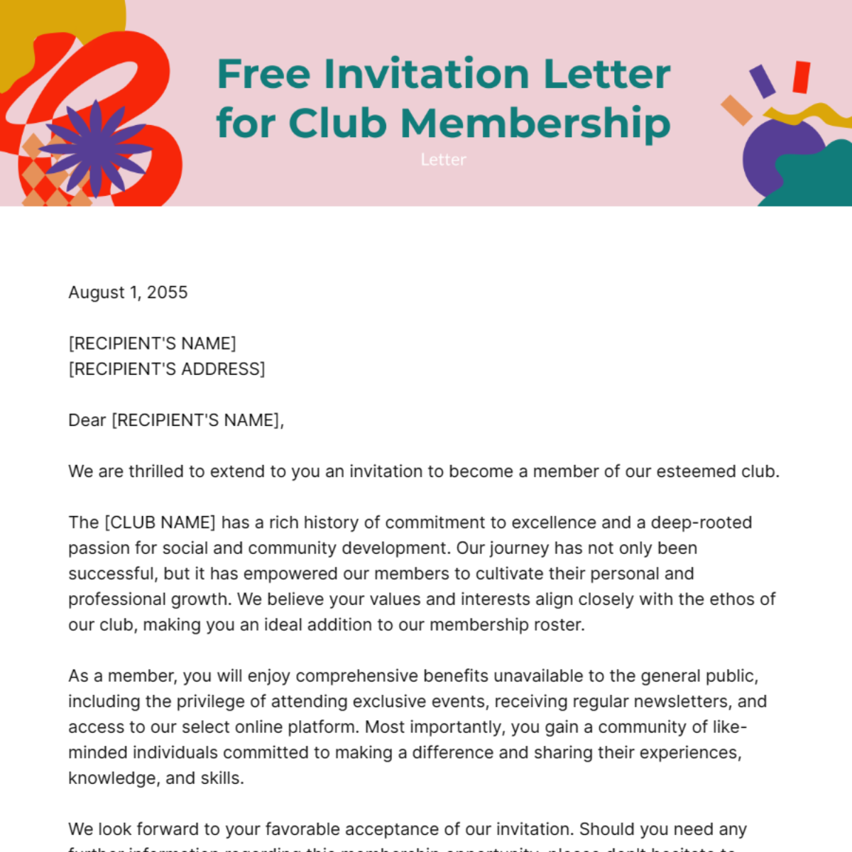 Invitation Letter for Club Membership Template