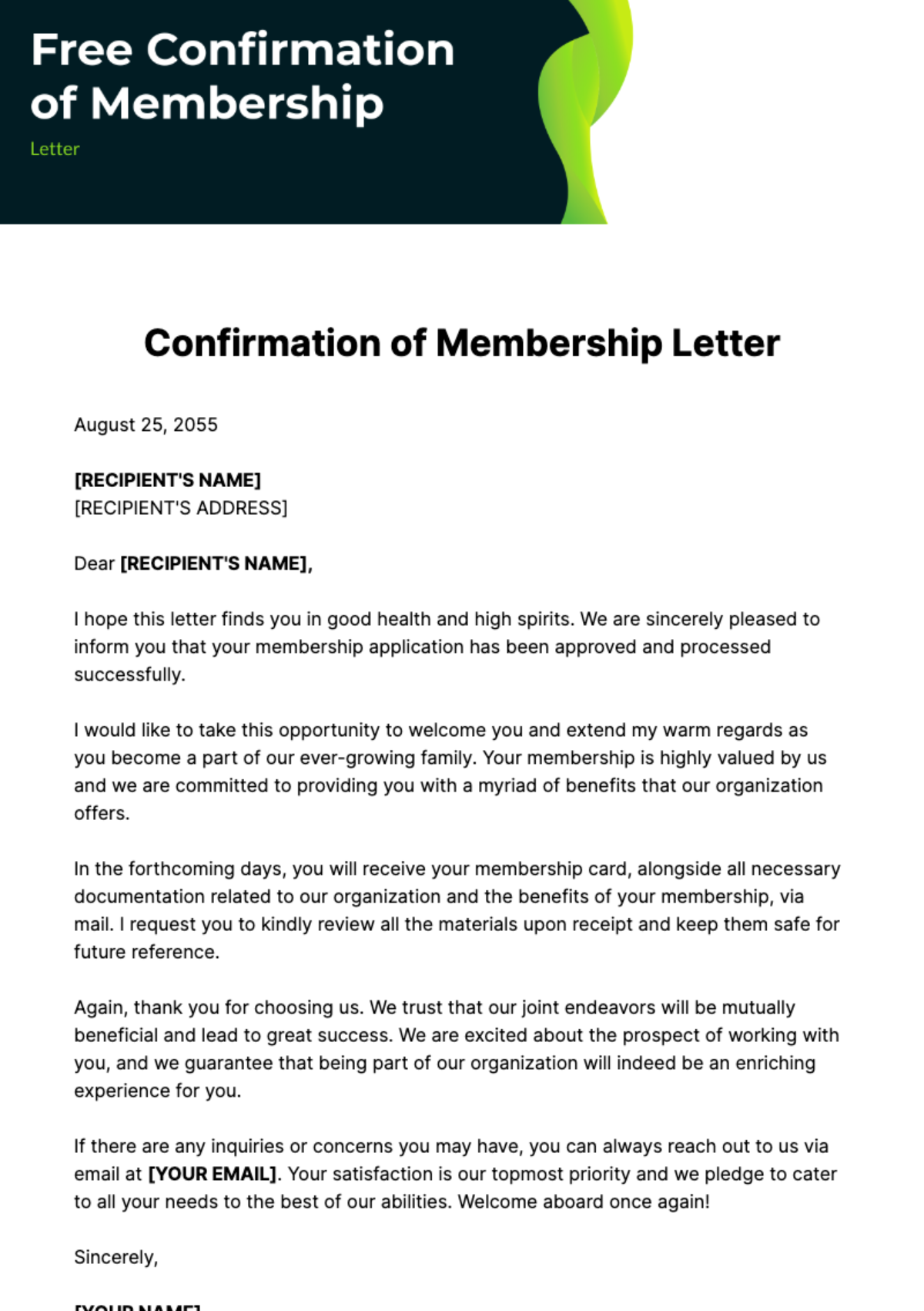 Free Confirmation of Membership Letter Template