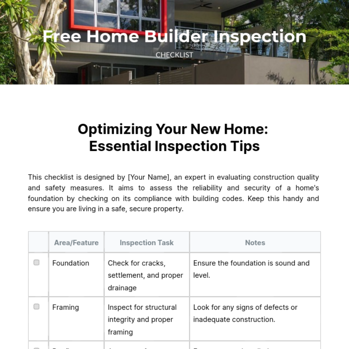 Home Builder Inspection Checklist Template