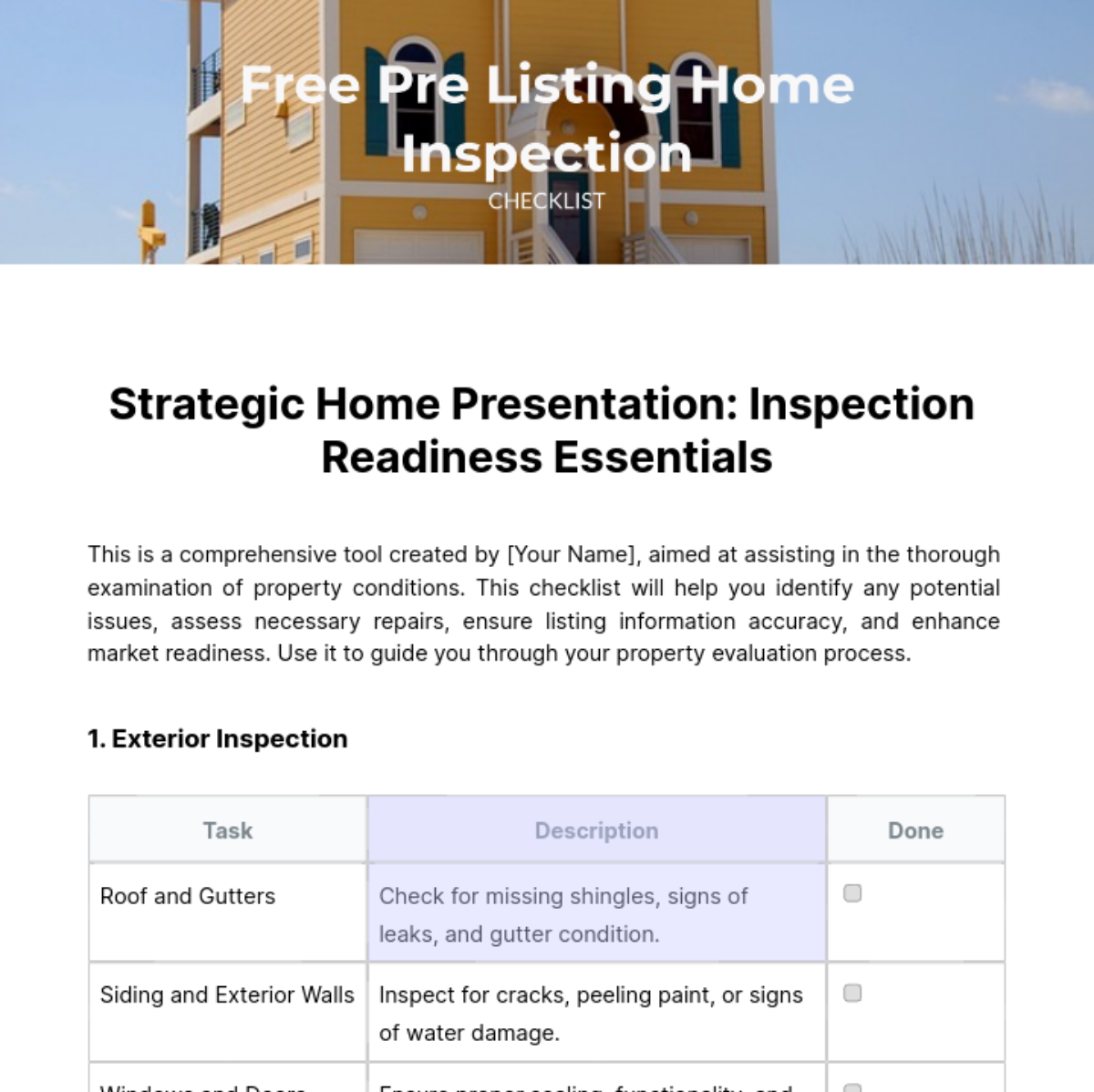 Pre Listing Home Inspection Checklist Template