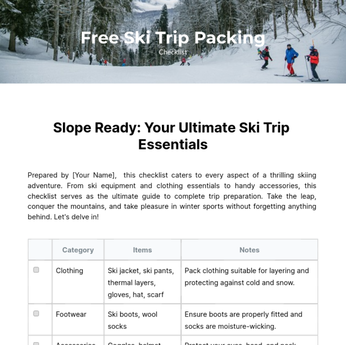 Ski Trip Packing Checklist Template