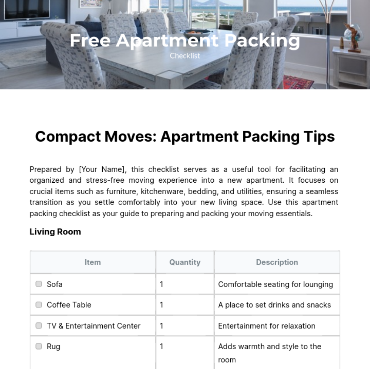 Apartment Packing Checklist Template