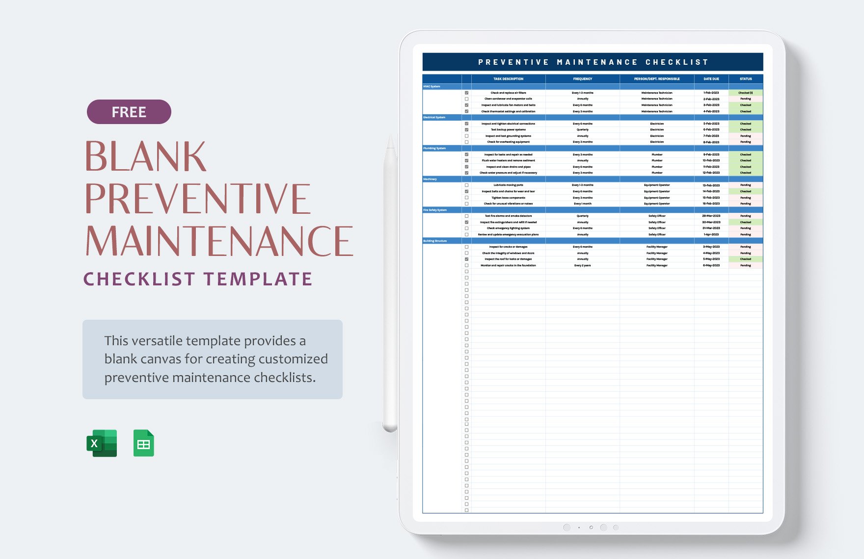 Blank Preventive Maintenance Checklist Template
