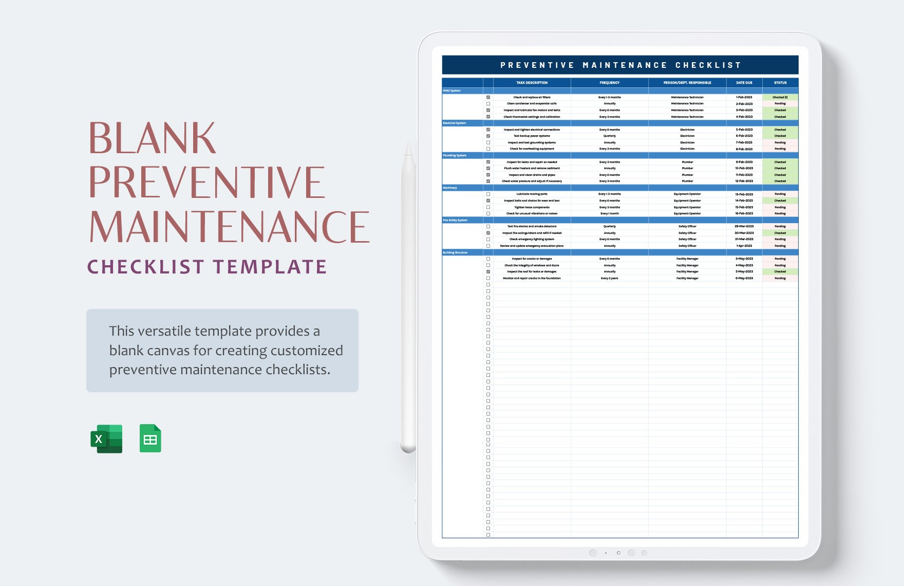Free Blank Preventive Maintenance Checklist Template in Excel, Google Sheets