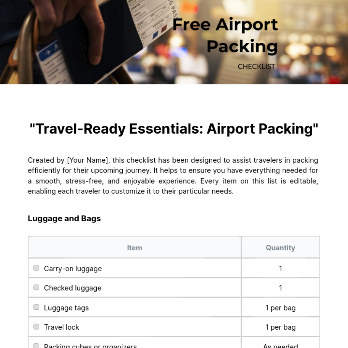 Airport Packing Checklist Template