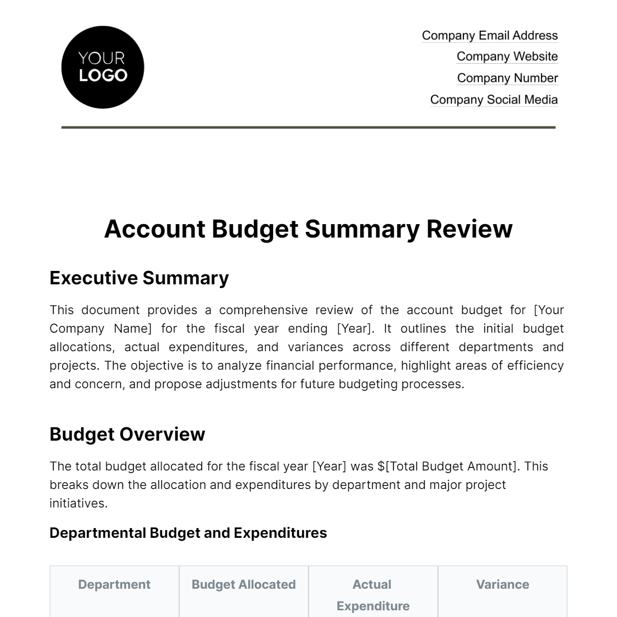 Account Budget Summary Review Template - Edit Online & Download Example