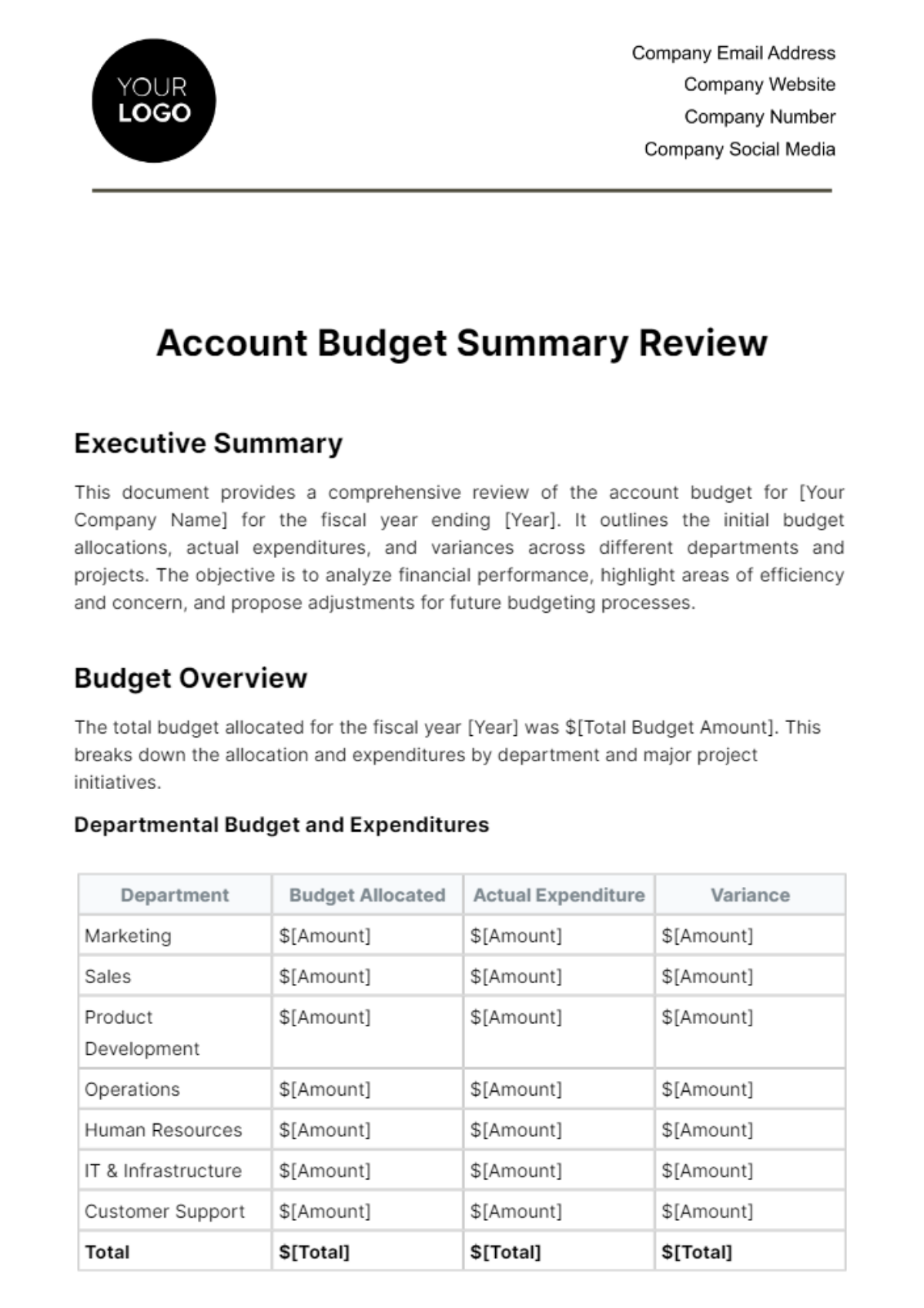 Account Budget Summary Review Template - Edit Online & Download