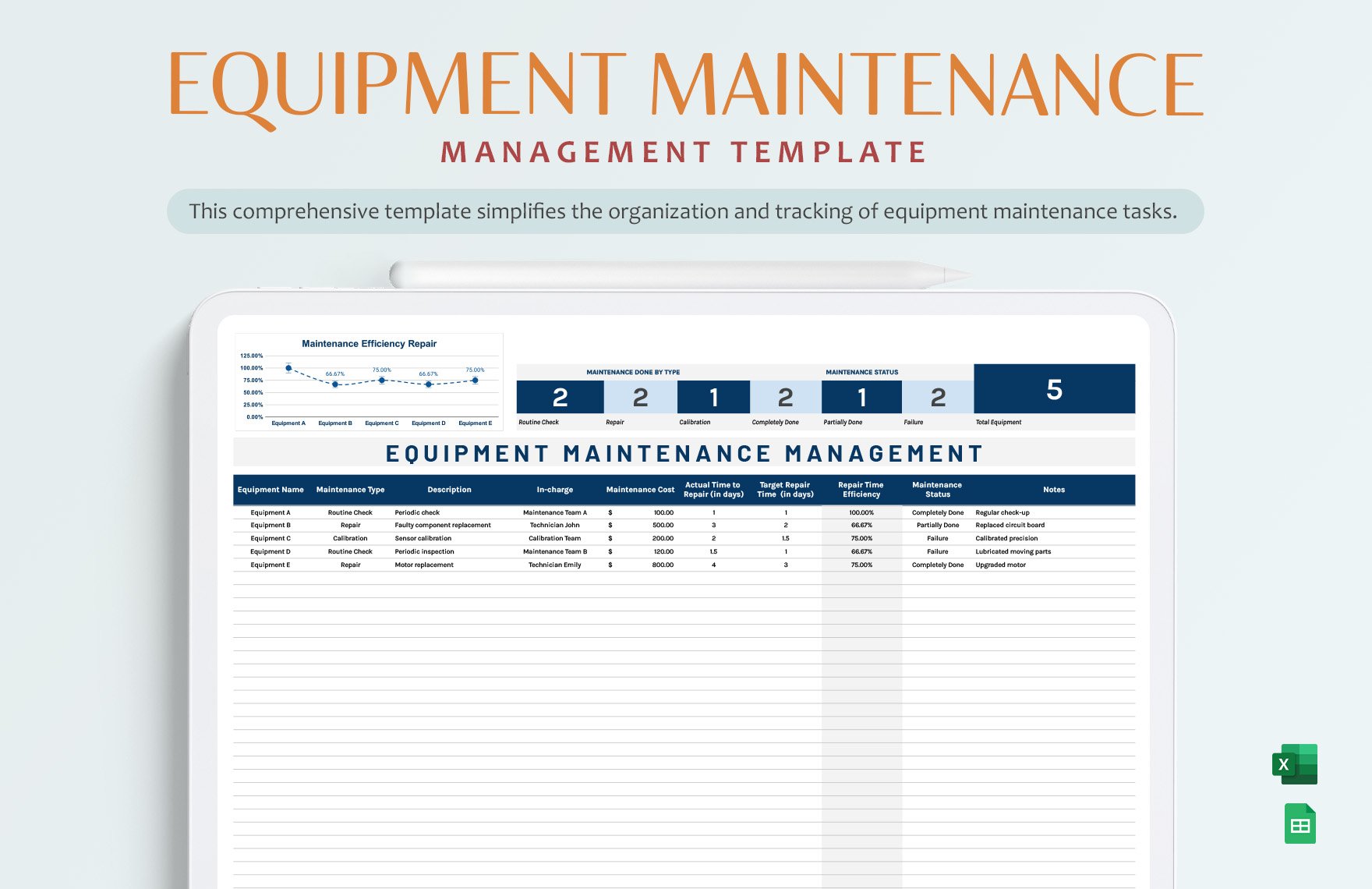 Equipment Maintenance Management Template in Excel, Google Sheets