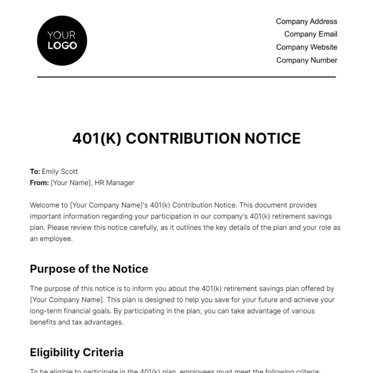 401(k) Contribution Notice HR Template