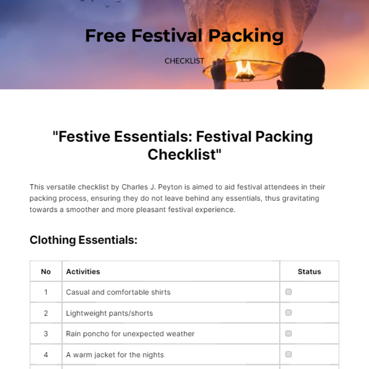 Festival Packing Checklist Template - Edit Online & Download Example