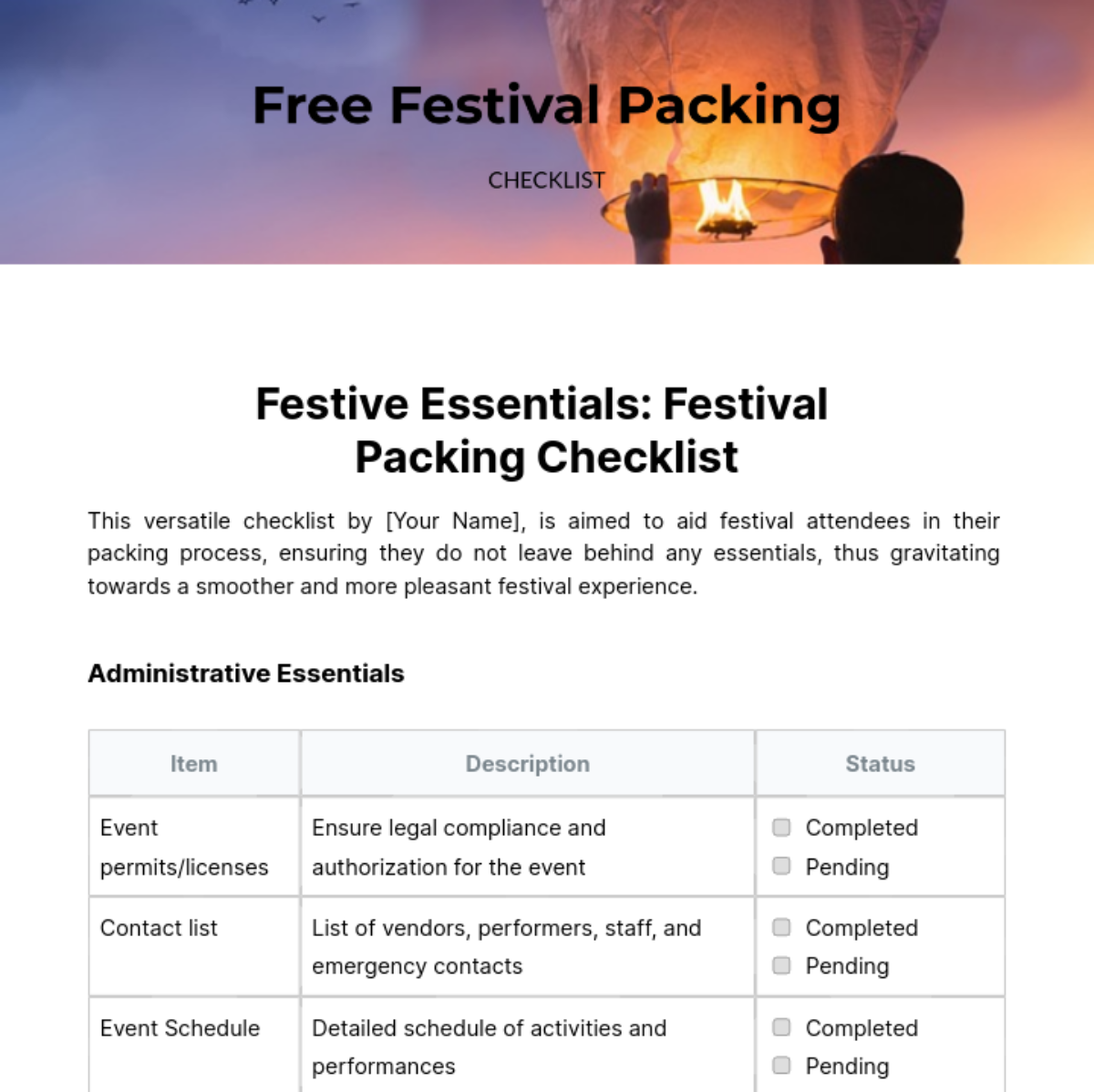 Festival Packing Checklist Template