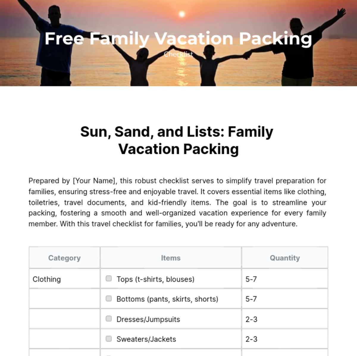 Family Vacation Packing Checklist Template