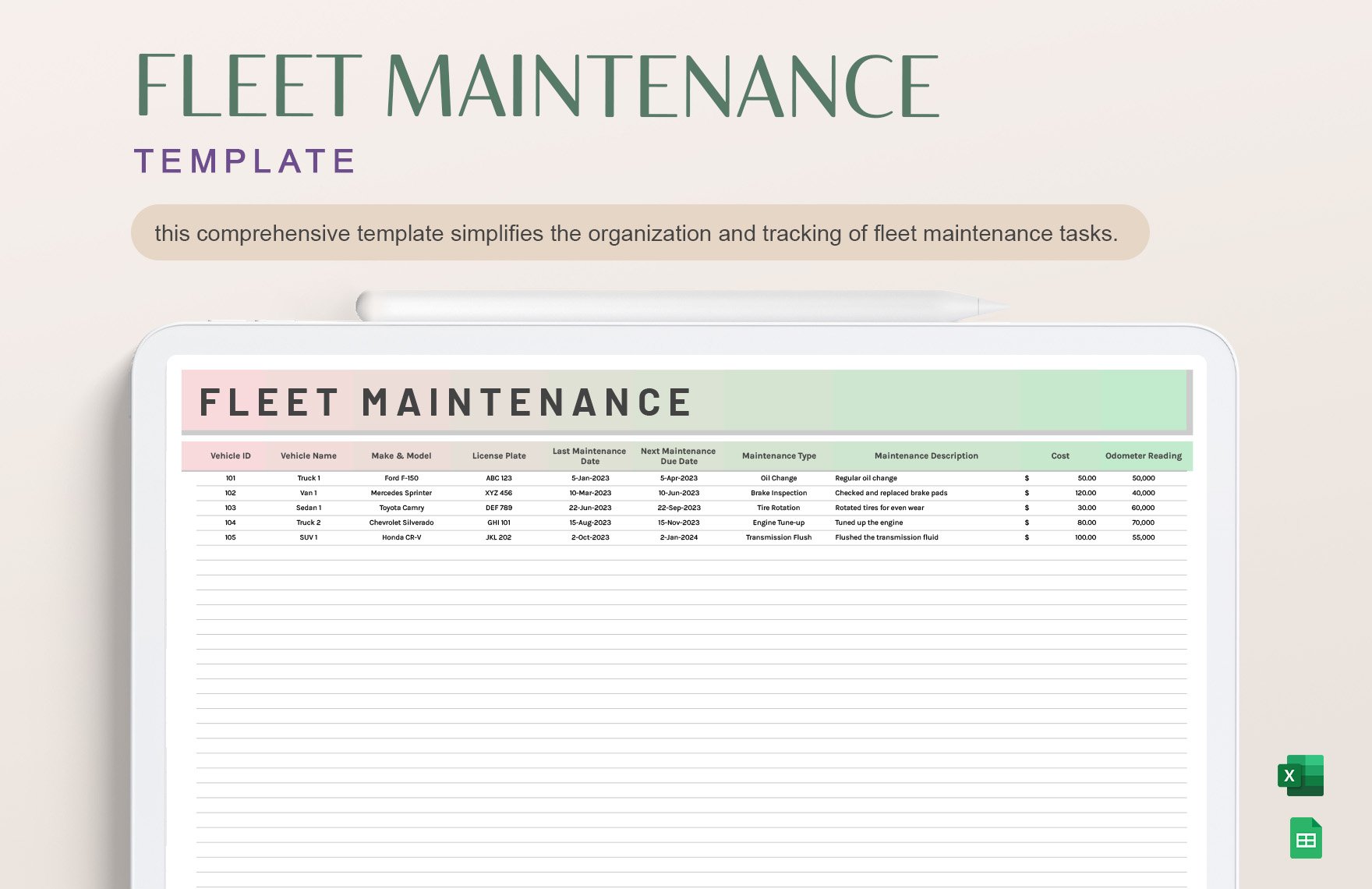 Free Fleet Maintenance Template in Excel, Google Sheets